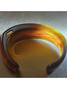 Monet Lucite Open Cuff Bangle Bracelet Vintage Saffron Cognac Black Swirl Colors